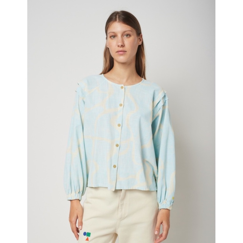 Bobo Choses Anthropologie Shirt Nacre Pattern Linen Blend Ruffle Shoulder Blue L
